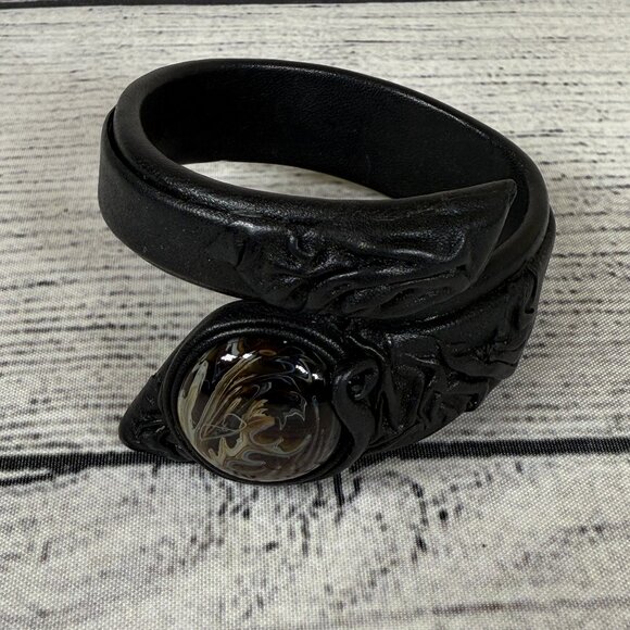 Handmade Black Sculpted Leather Bracelet Adjustable Cuff with Round Plastic Dome - Picture 1 of 6